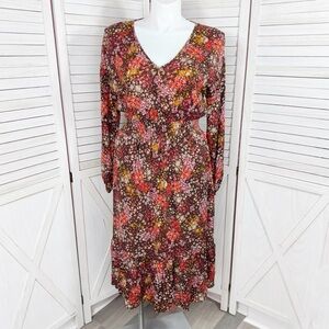 Cottagecore Floral Smocked Waist Long Sleeve Boho Midi Dress Brown Multi Large